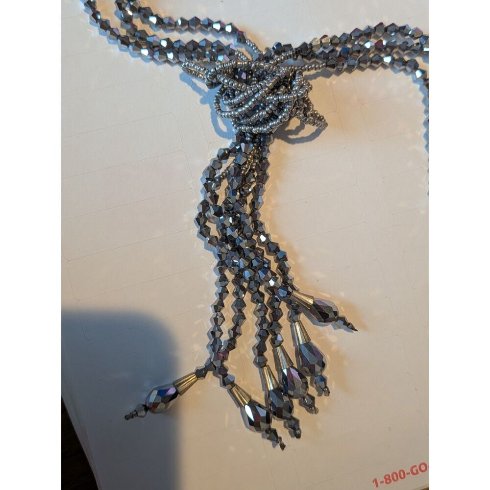 Gunmetal Gray Multi Strand Crystal Beaded Tassel Statement Necklace